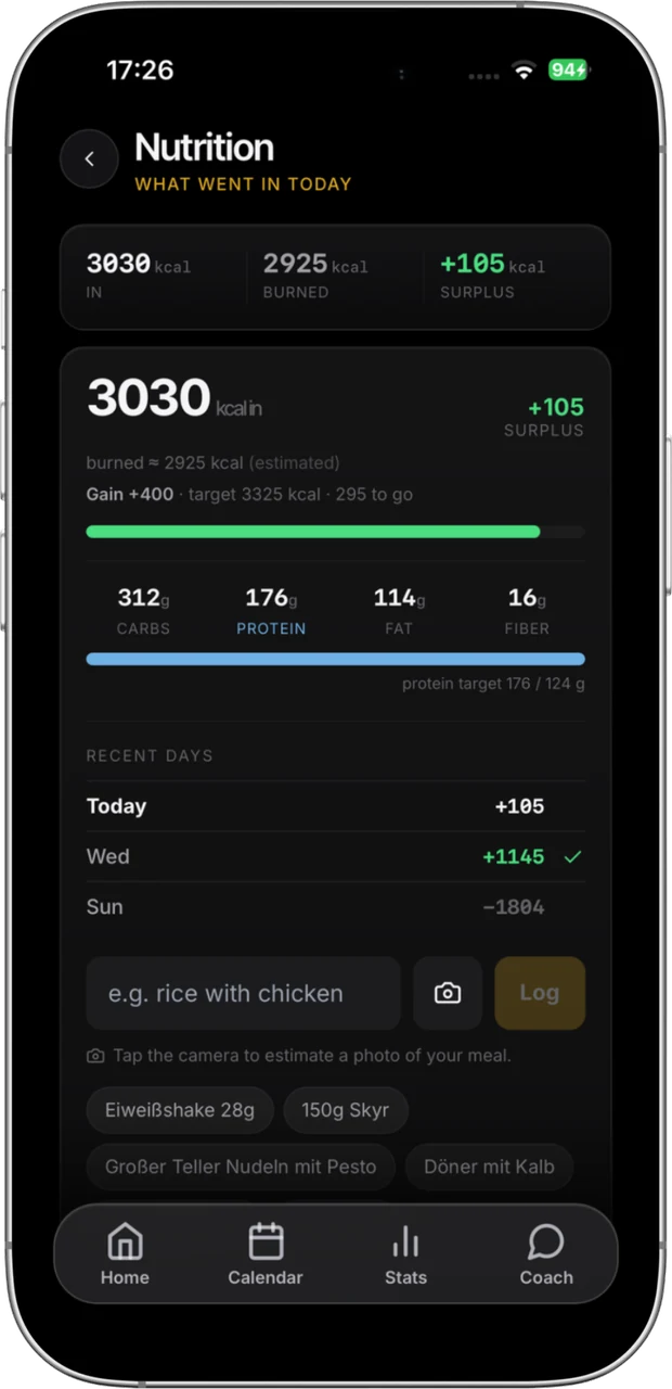 Nutrition screen with calories in against calories burned, carbs, protein, fat and fibre, and a text field to log a meal